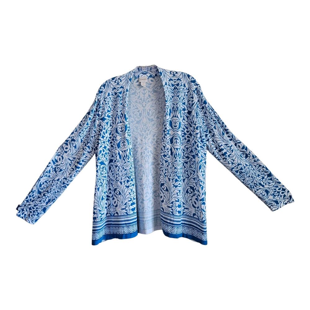 CHICO'S 2 Women 12 14 Cardigan Sweater Open Front Blue White Paisley Coastal 40"